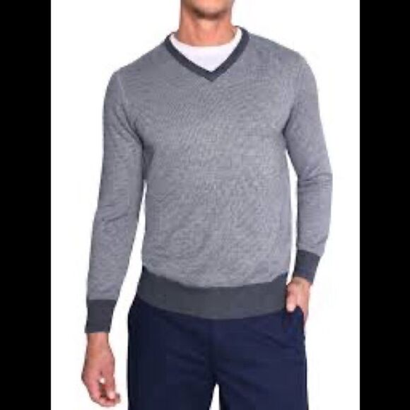Egara Navy and Charcoal Birdseye Slim Fit V-Neck Sweater Medium - Picture 1 of 8